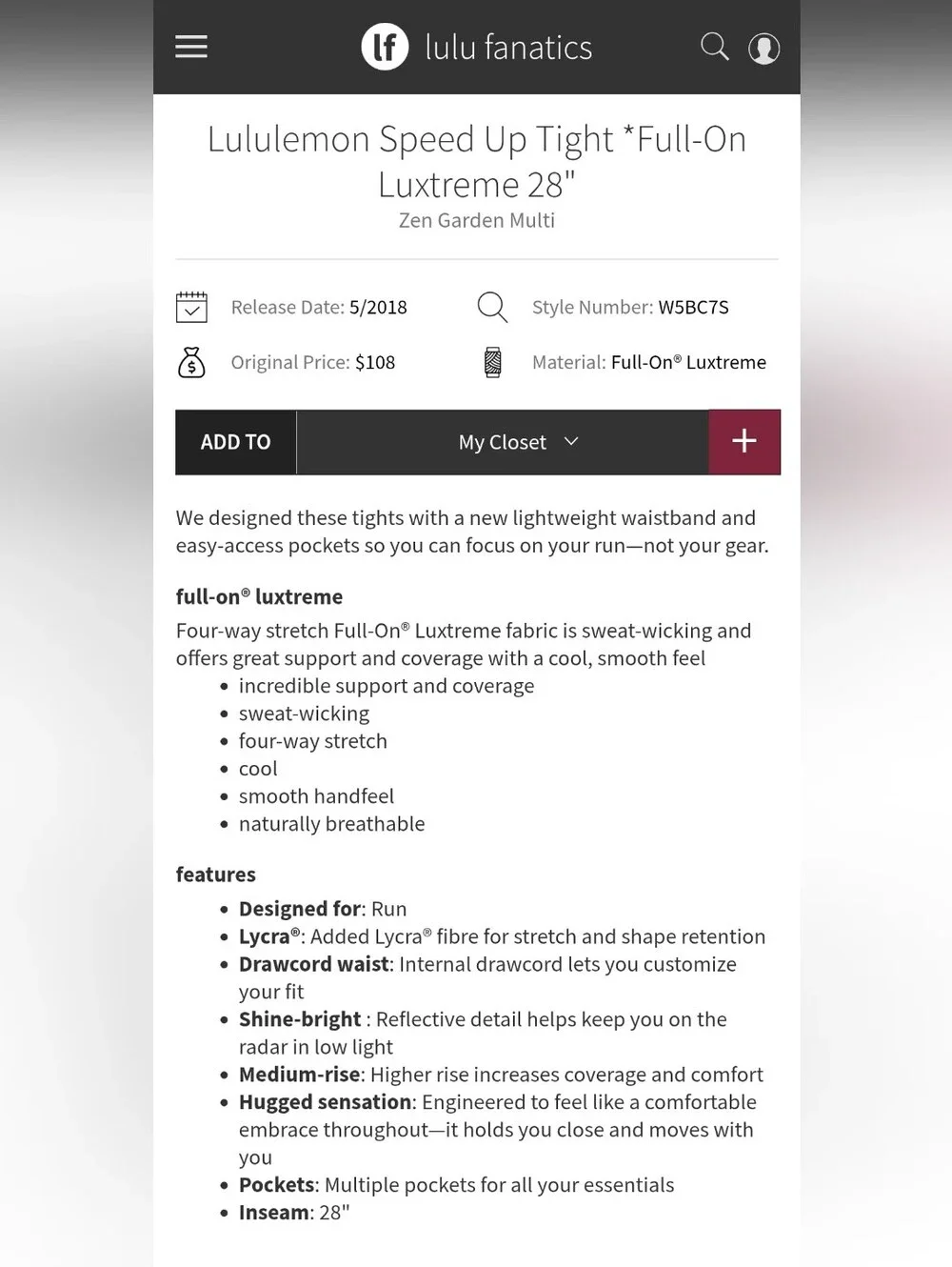 Lululemon Speed Up Tight 28